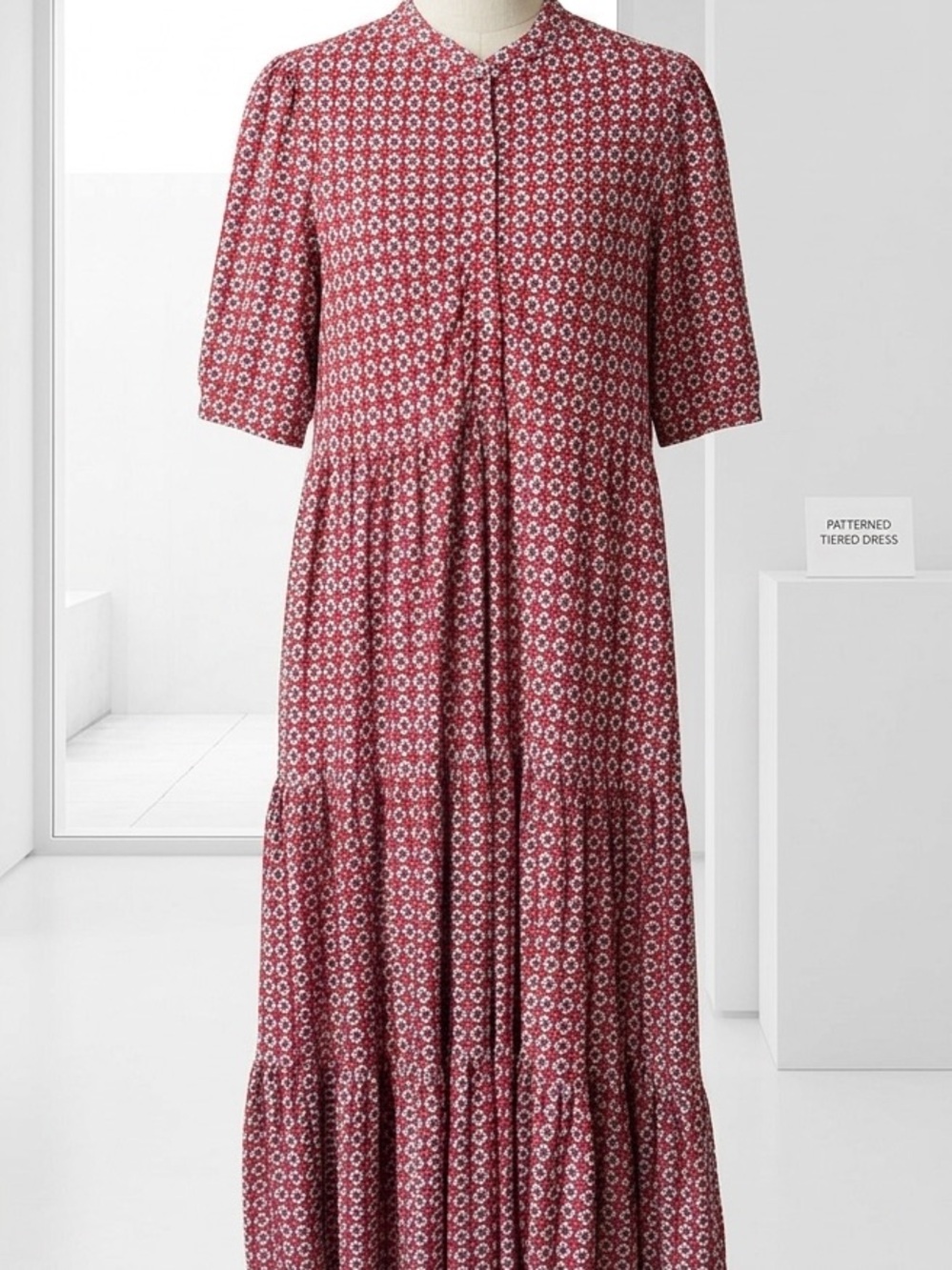 Max Studio| Red Abstract Print Boho Short Sleeve Tiered Skirt Midi Dress Sz S